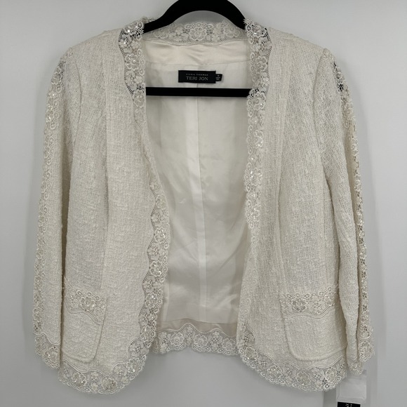 Teri Jon Jacket Womens 12 Cream Lace Sequin Trim Open Front Tweed Blazer Elegant